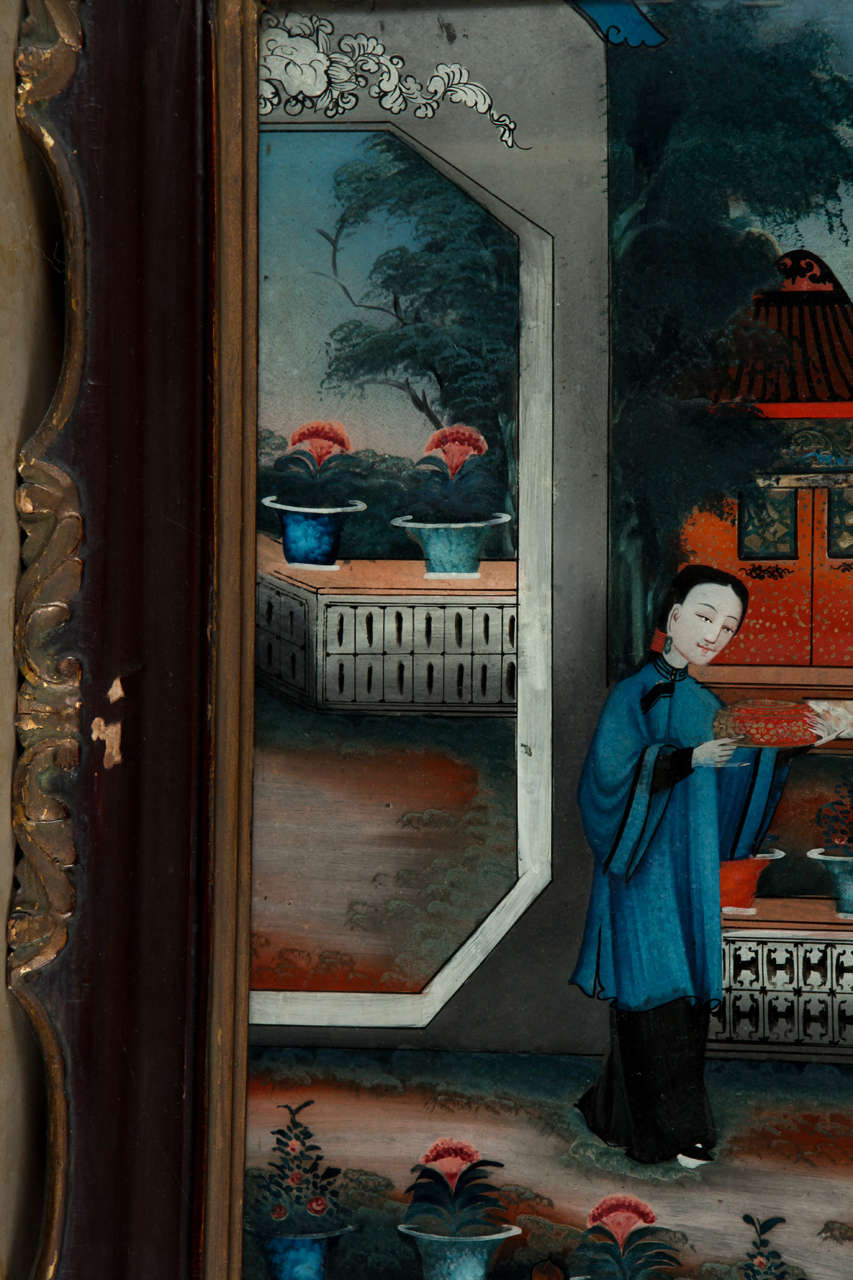 Pair of  19' century Chinese Reverse-Painted Mirror Pictures 1